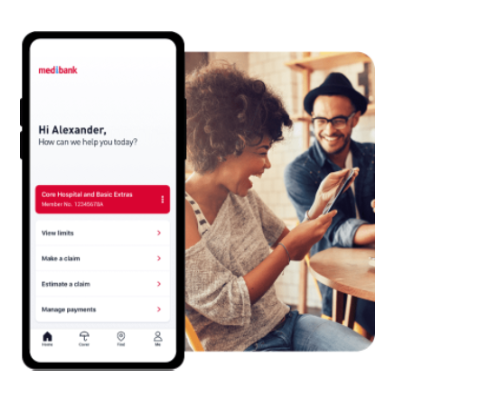 an image of the My Medibank app and two people looking at a mobile